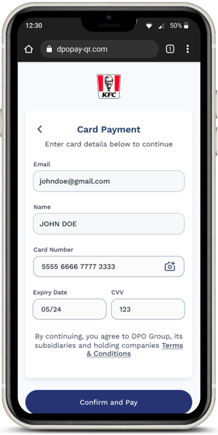 Customer enters card details  or scans card