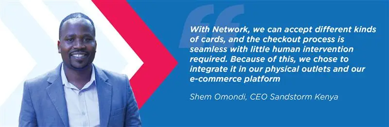 Quote graphic featuring text about seamless payment integration with Network, highlighting benefits like accepting multiple card types and reducing manual intervention, attributed to Shem Omondi, CEO of Sandstorm Kenya